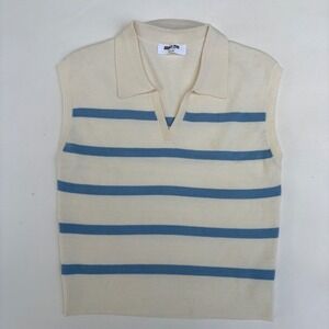 Double Zero Womens Large Striped Ribbed Knit Polo Sweater Vest Cream Blue